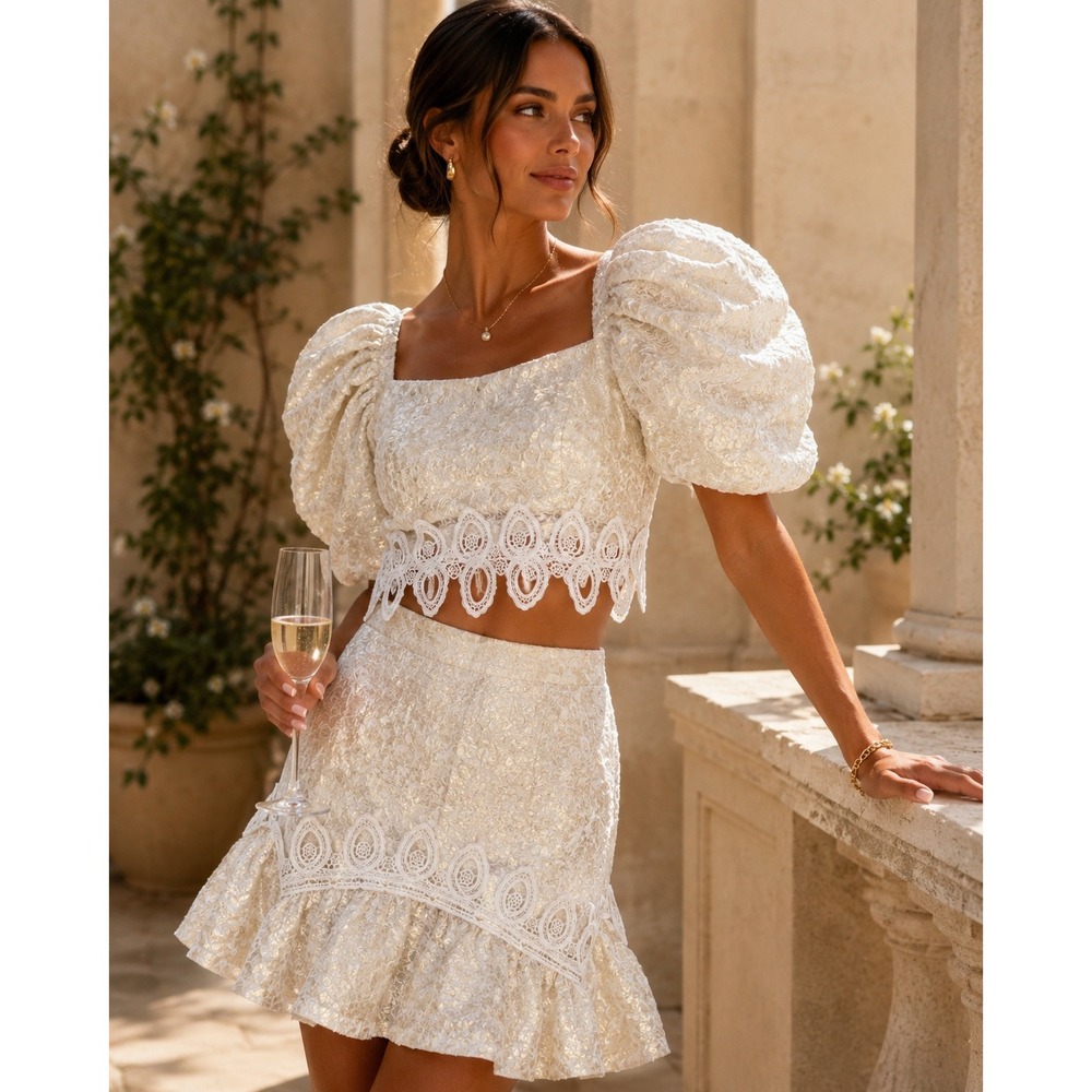 NWT Elliatt Gracie Set White Gold Lace Puff Sleeve Crop Top Skirt XS